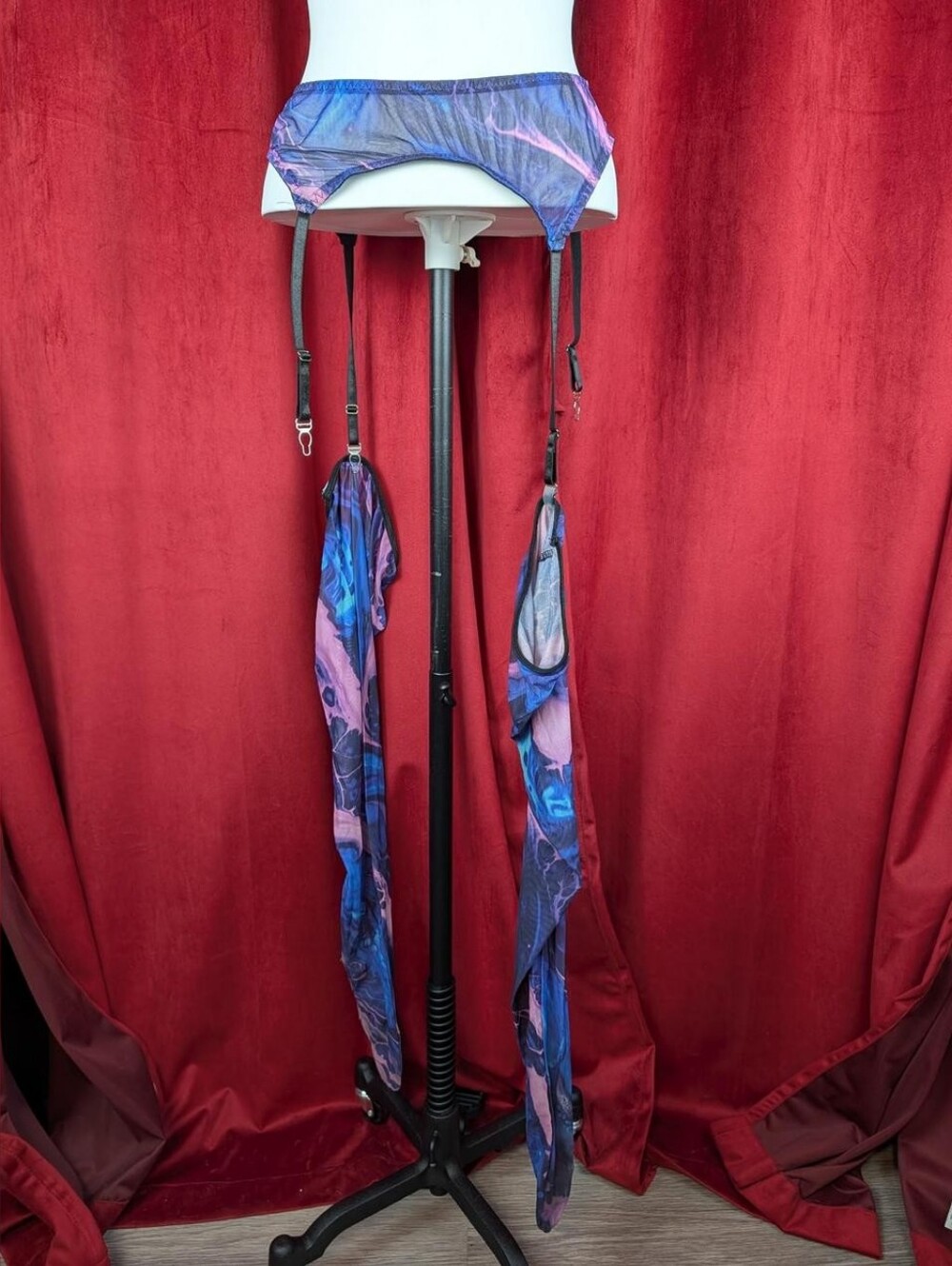 Levmjia Purple, Pink, & Blue Tie Dye Mesh Garter Belt & Thigh High Socks